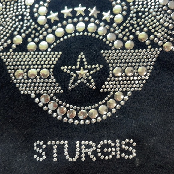 New Black V-Neck Sturgis 3/4 Sleeve T-Shirt with Rhinestone Wing Design - Picture 2 of 6